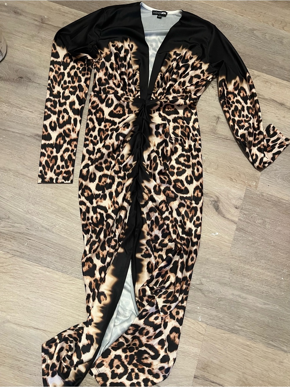 Leopard Print Long Sleeve Twist Front Maxi Dress - Black & Tan